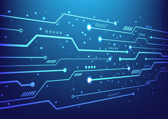 Blue background technology circuit line glow. Futuristic technology cyberspace, speed data transfer, communication.