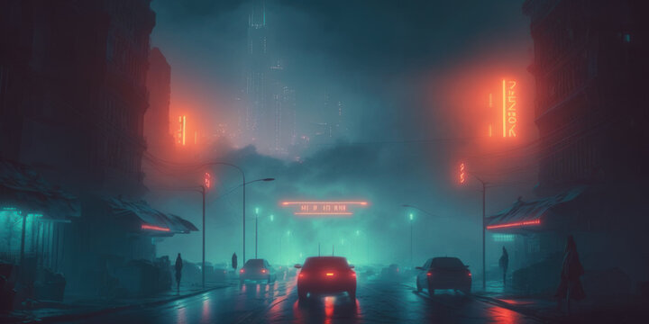 Dark futuristic city, vehicles on a street, rain sci-fi illustration, Generative AI