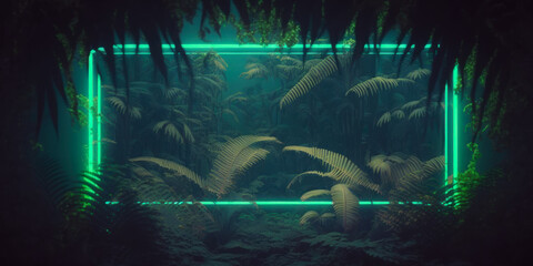 Tropical leaves background, neon frame in the center, glowing green portal, Generative AI