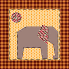 Vector textile postcard with an elephant in orange and brown