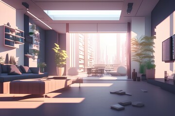 Future modern room anime interior city urban building concept cityscape. 3d illustration - generative ai