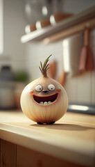 Cartoon onion in the kitchen, generated ai