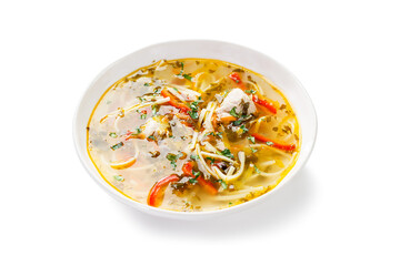 Traditional Moldavian chicken soup with homemade pasta. isolated on white background