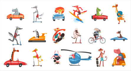 Set of funny animals riding various types of transport. Wild animals driving car, riding bicycle, kick scooter , skateboarding, flying on helicopter vector illustration