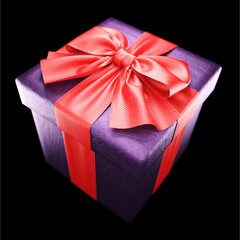 Gift box with red ribbon on black background. 3d