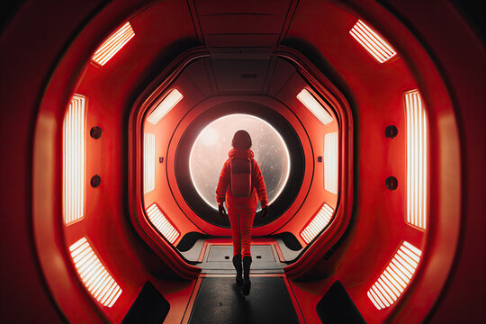 Female astronaut walking inside a red spaceship. Generative AI