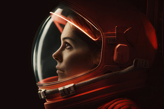 Astronaut woman with helmet looking up. Generative AI