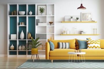 Minimalistic Living Room with Yellow Couch and White Shelves