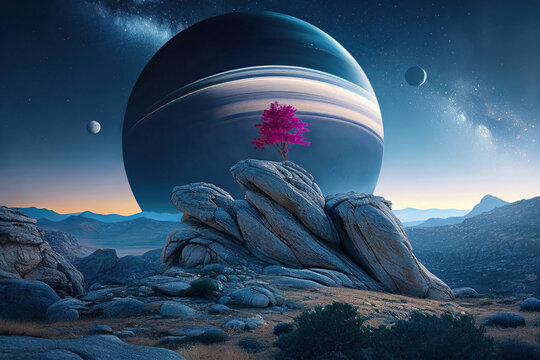 Surreal landscape with a tree and moons in the background. Generative AI