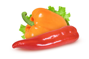 Red chili pepper and orange pepper on an isolated white background.