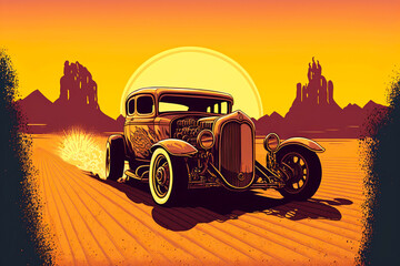 vintage old car racing in desert against backdrop of sunset hot rods, generative ai