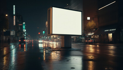 billboard at night in city, commercial lighted advertisement panel in the middle of a wet road, in the city, at night, city lights in background 