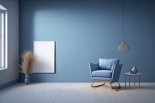 Cozy Modern Minimalistic Living Room, blue wall and light blue chair