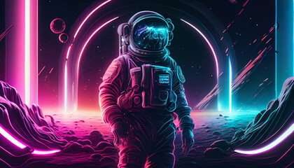 Sci-fi Retrowave space 3D illustration of science fiction scene with mysterious astronaut figure in space suit surrounded by glowing neon tube lights. Generative Ai.