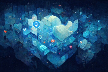 Abstract background with blue and dark heart-shaped texture, perfect for modern social networks, romantic websites, business services, and more. Generative AI.