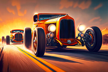 hot rods racing on empty road in bright beautiful orange car, generative ai - obrazy, fototapety, plakaty