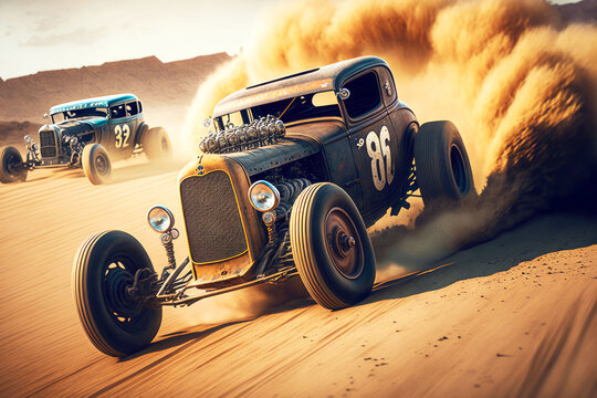 hot rods racing on sandy track in desert, generative ai