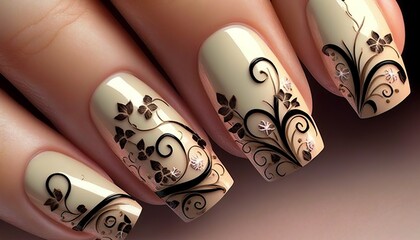 fashionable, beautiful constructed nails made with gel polish, with beautiful decor