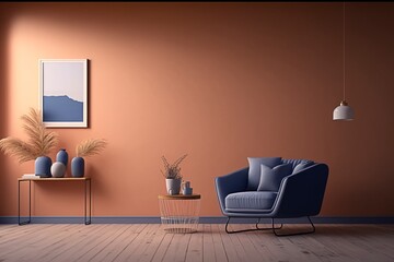 Bright and Airy Minimalist Living Room, peach wall and blue chair