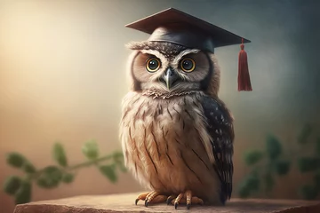 Zelfklevend Fotobehang A wise owl wearing a graduation cap. Education and learning concept. Generative ai © ink drop