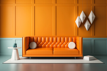 Orange leather sofa and decoration minimal on two tone wall. Orange sofa. Idea for interior design. AI