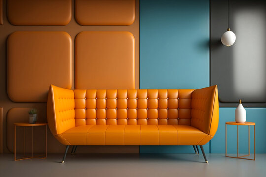 Orange leather sofa and decoration minimal on two tone wall. Orange sofa. Idea for interior design. AI	
