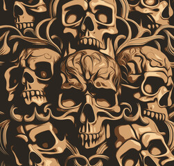 Stacked human skulls background, vector illustration in hand drawing