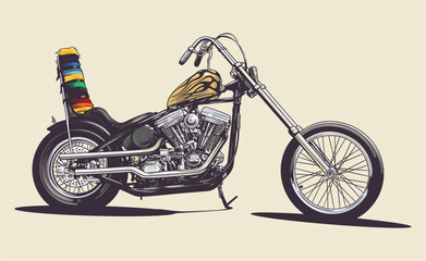 Fototapeta na wymiar Chopper Motorcycle, Motor Vehicle Transport, Side View Vector Illustration