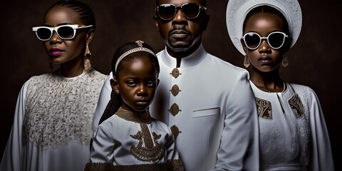 Glückliche afroamerikanische Familie, Vater, Mutter, Kind im Portrait, weiße Kleidung, ai generativ