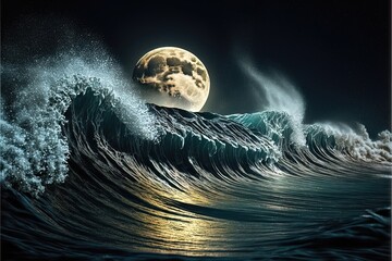 Lunar attraction of the sea wave. Night landscape with a big moon and a sea wave, dark waters of the ocean under the moon. AI