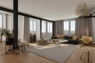 Fototapeta premium Loft apartment with stylish gold decorations - generative ai