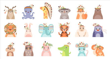 Indian tribal animal faces set. Fox, bear, octopus, elephant, sheep, crocodile, lion cute animals boho characters vector illustration