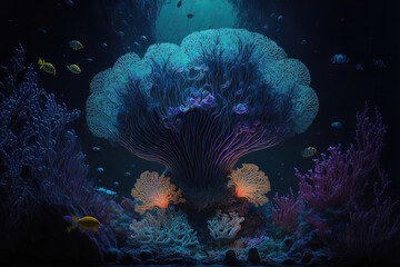 Underwater sea world. Colorful neon corals at the bottom of the ocean. AI