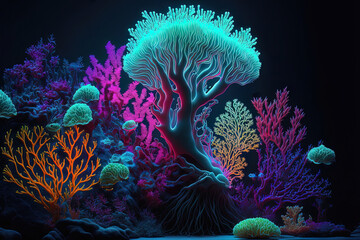 Underwater sea world. Colorful neon corals at the bottom of the ocean. AI