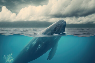 Naklejka na ściany i meble Lonely whale in the waves of the ocean. Sea water with wave and cloudy sky, huge whale. AI