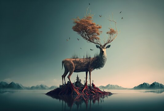 Dios del bosque ciervo de la naturaleza, fantasía, poster fantástico, creado con IA generativa