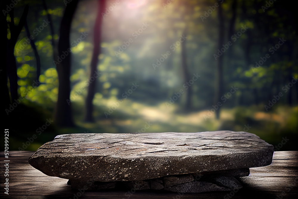 Poster empty stone table for product advertising display in fresh green jungle blur background . admirable 