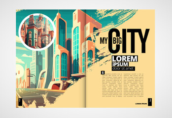 Business magazine, brochure layout with urban landscape. Vector illustration