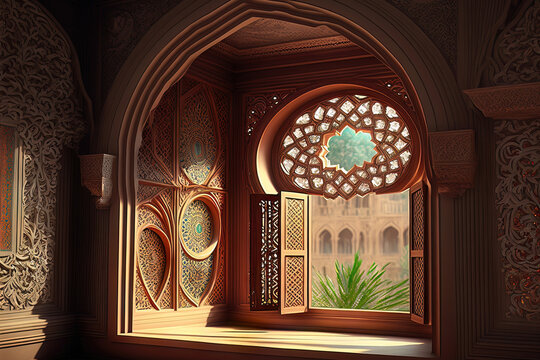 Eastern architectural window, Arabic palace interior. AI