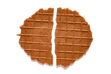Wafers are round, broken in half, isolated. Thin waffle cookies, chocolate Belgian waffles, waffle breakfast on a white background