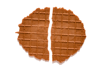 Wafers are round, broken in half, isolated. Thin waffle cookies, chocolate Belgian waffles, waffle breakfast on a white background