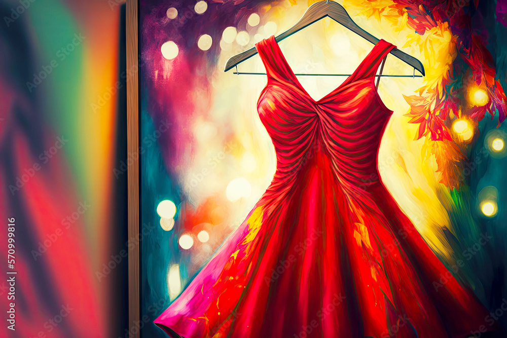 Canvas Prints red dress on a hanger in the store with multicolored decoration, generative ai