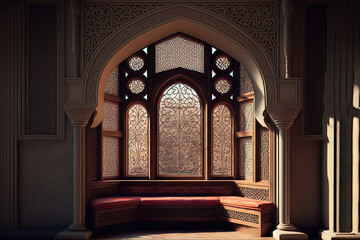 Fototapeta premium Eastern architectural window, Arabic palace interior. AI