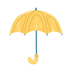 An open yellow umbrella with a blue handle. Vector illustration in flat style isolated