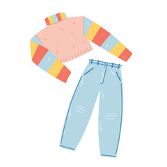 Illustration of a multi-colored cropped sweater and blue jeans in a flat style