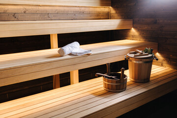 Modern interior of wooden spa cabin. View of empty Finnish sauna room with dry steam. New and fresh