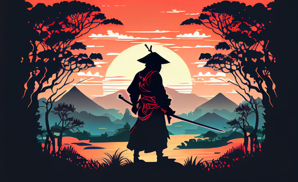 japanese drawing samurai watching the sunset. Generative AI