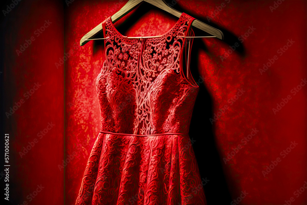 Canvas Prints red dress on a hanger in the store with glossy texture and lace pattern, generative ai