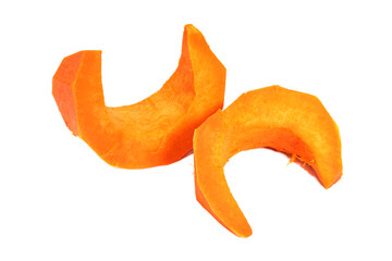 Peeled slices of raw pumpkin isolated on white