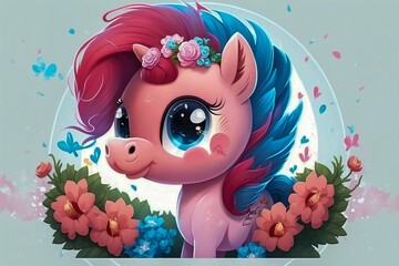 My little cute pony with flowers. Invitation card. Generative AI